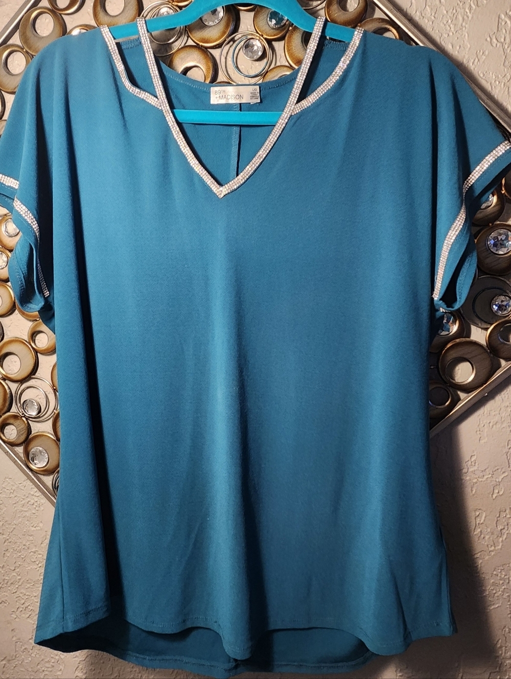 89th & Madison Teal V-Neck Top with Rhinestone Trim
